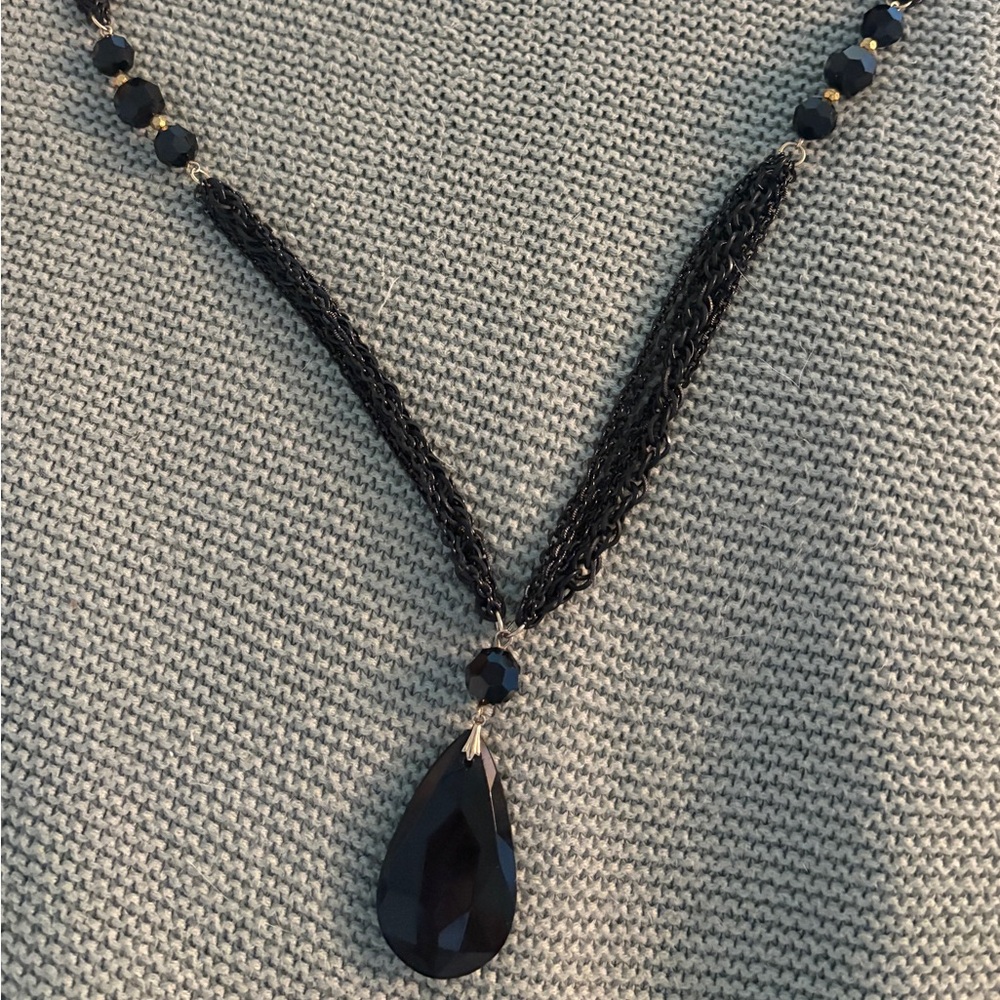 Signed VTG Crown Trifari Black Multi Chain Necklace W/Lucite Faux Onyx Beads 26”